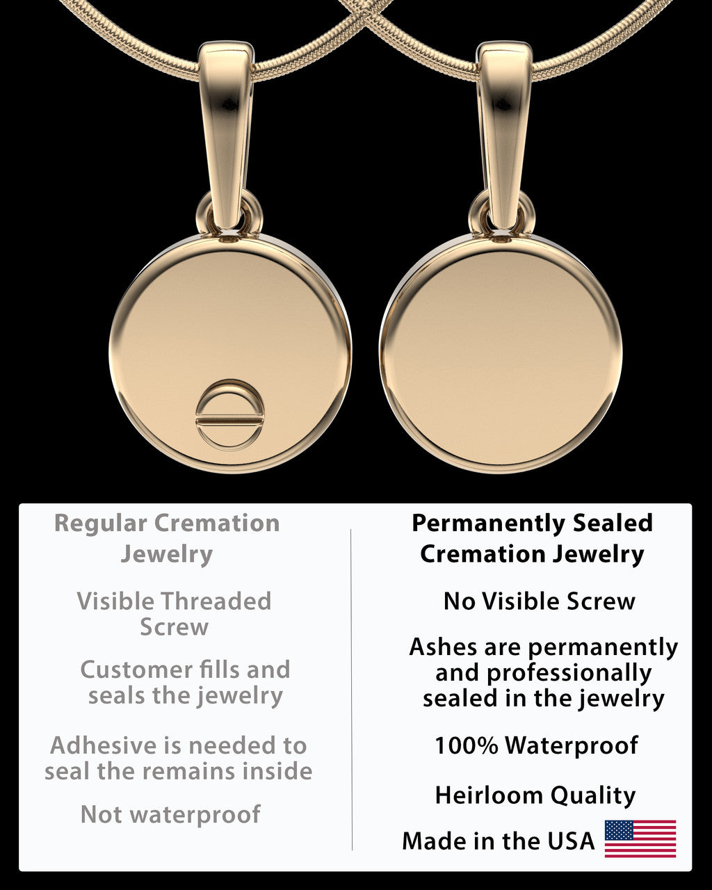 Solid 14k Gold Moon and Back Permanently Sealed Waterproof Keepsake Jewelry