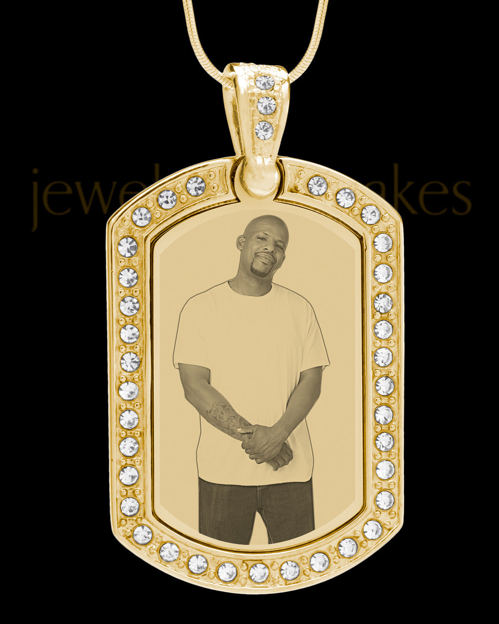 Gold Gem Rectangle Photo Engraved Pendant