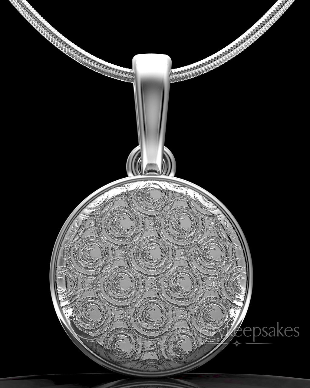 Solid 14k White Gold Patterned Round Permanently Sealed Waterproof Keepsake Jewelry
