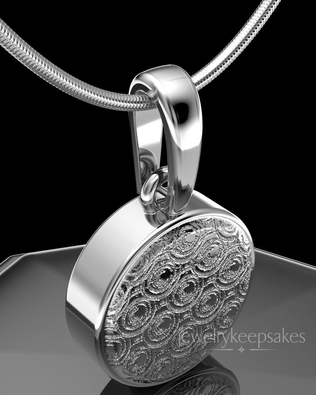 Solid 14k White Gold Patterned Round Permanently Sealed Waterproof Keepsake Jewelry