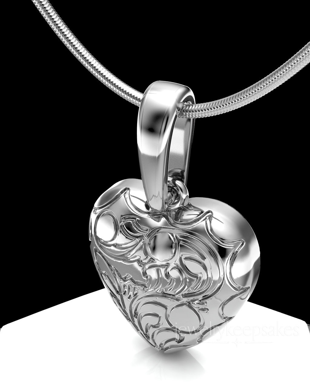 Solid 14k White Gold Etched Heart Permanently Sealed Waterproof Cremation Pendant