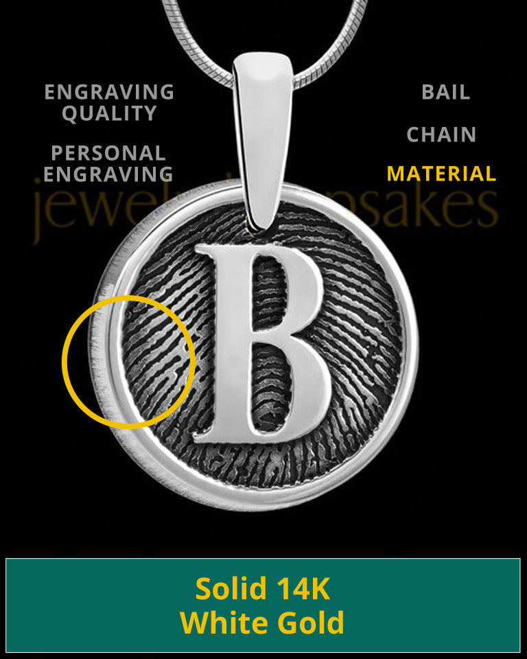 Solid 14k White Gold Raised Initial Round Thumbprint Pendant