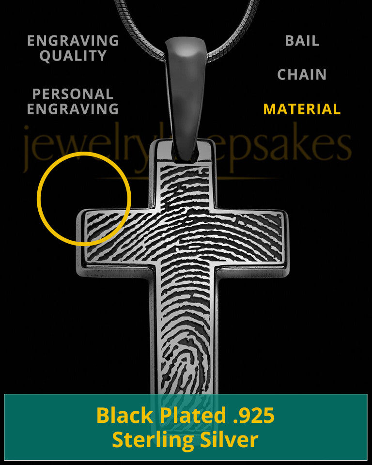 Personalized Black Plated Cross Thumbprint Pendant Sterling Silver