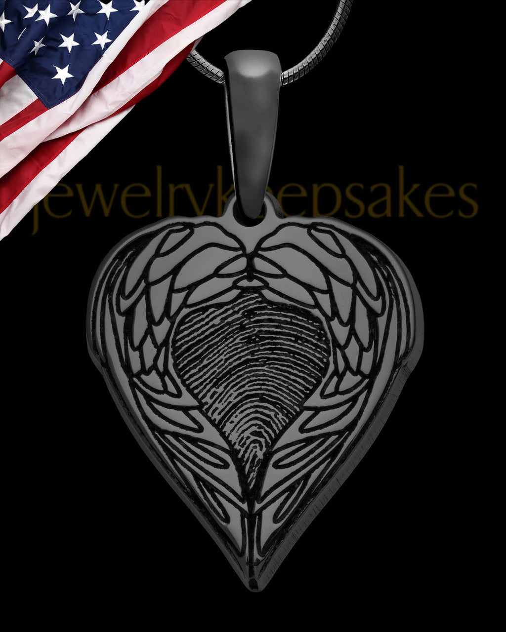 Black Sterling Silver Wings Thumbprint Pendant