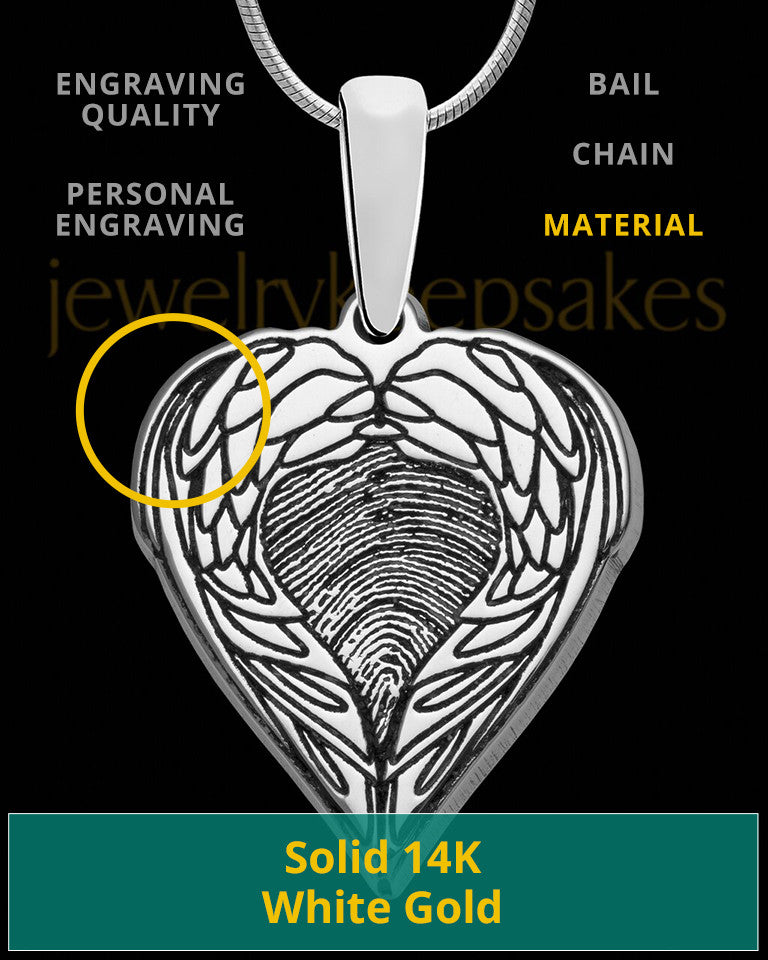 Solid 14K White Gold Wings Thumbprint Pendant