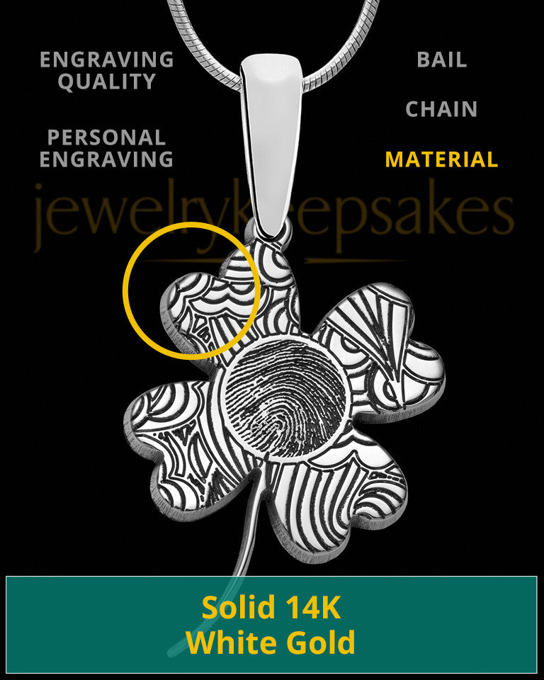 Solid 14K White Gold Four Leaf Clover Thumbprint Pendant