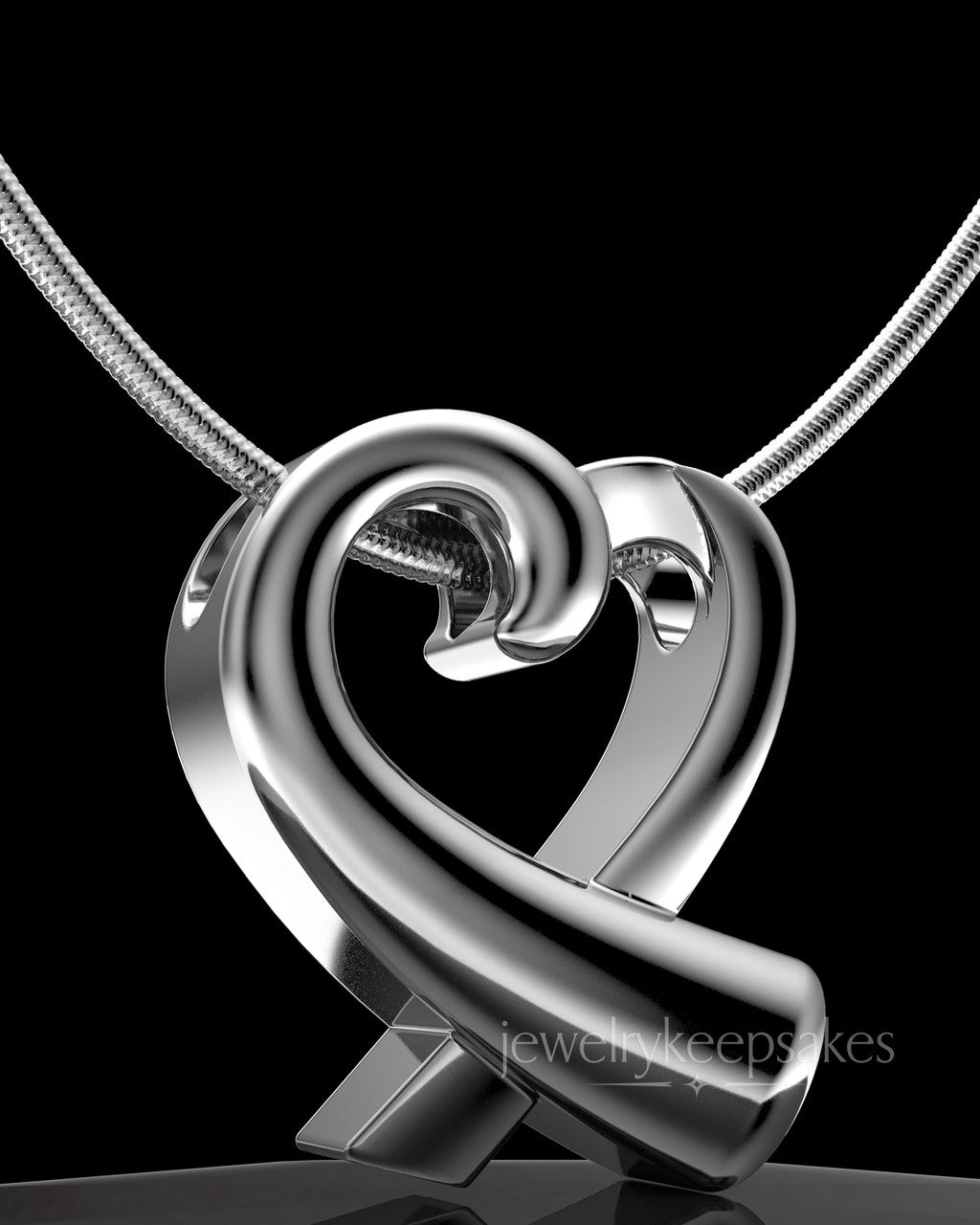 Solid 14K White Gold Ribboned Heart Permanently Sealed Waterproof Cremation Pendant