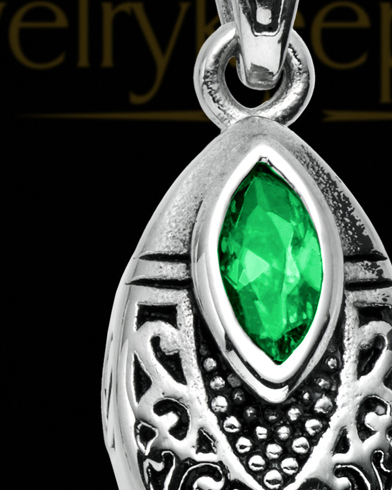 Stainless Decorated Teardrop  with Green Stone Urn Pendant