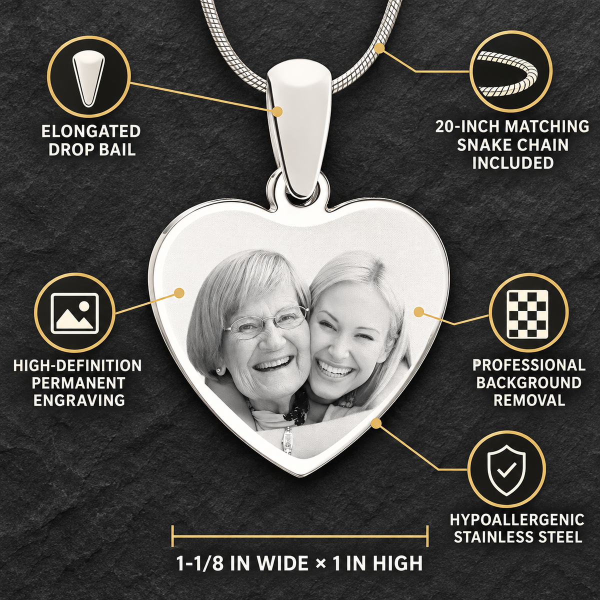 Personalized Engraved Heart Photo Pendant Necklace In Stainless Steel