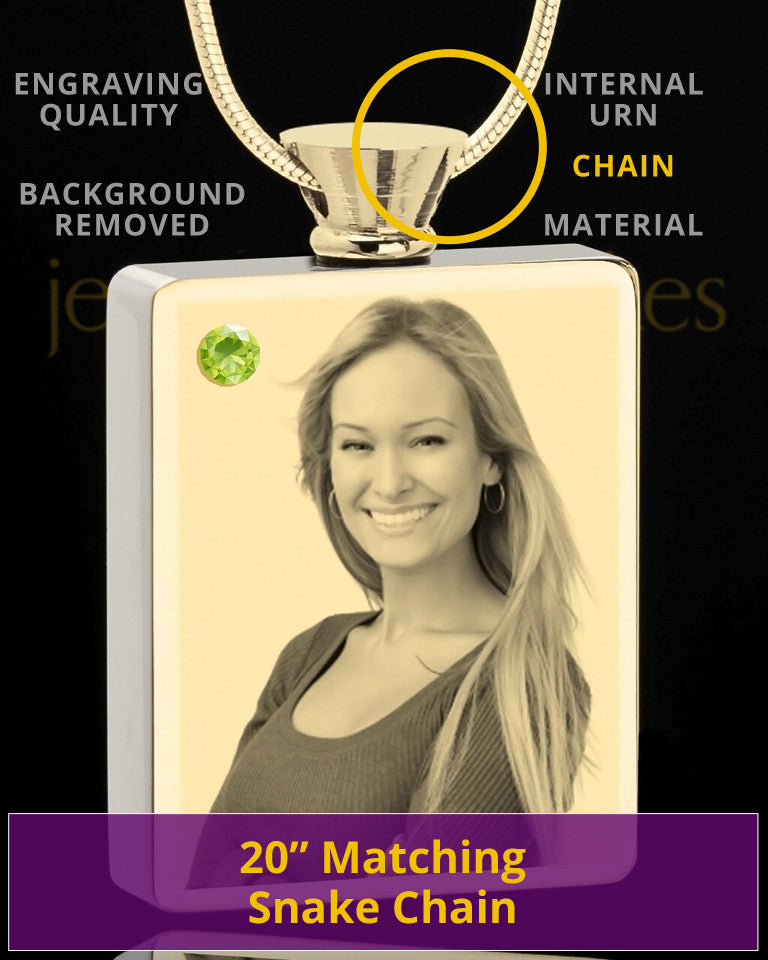 Photo Engraved August Gold Plated Rectangle Cremation Pendant