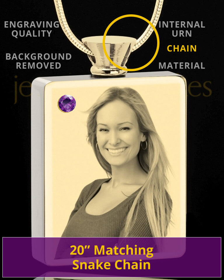 Photo Engraved February Gold Plated Rectangle Cremation Pendant