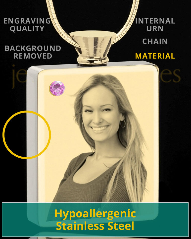 Photo Engraved June Gold Plated Rectangle Cremation Pendant