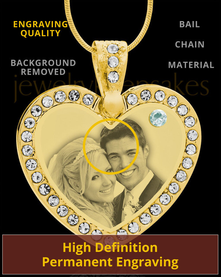 April Gold Gem Heart Birthstone Photo Engraved Pendant