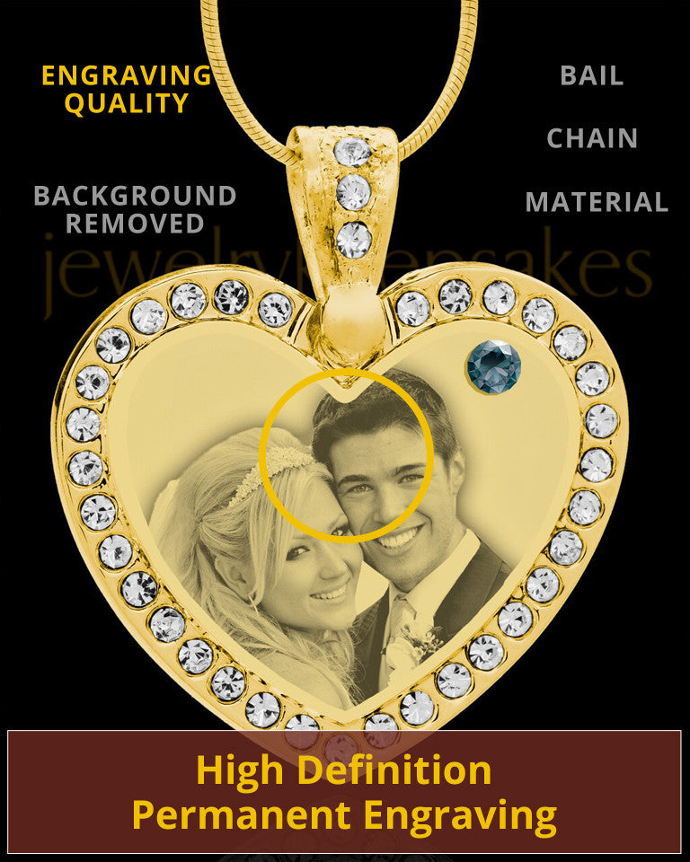 December Gold Gem Heart Birthstone Photo Engraved Pendant