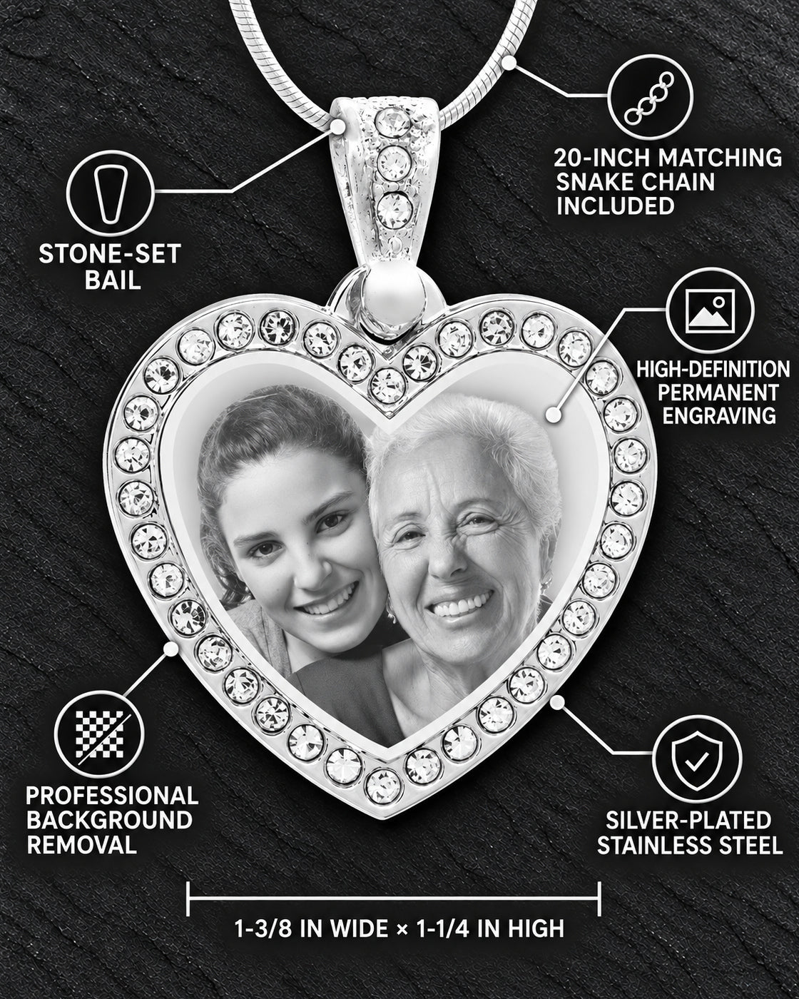 Photo Engraved Gem Heart Pendant Stainless Steel