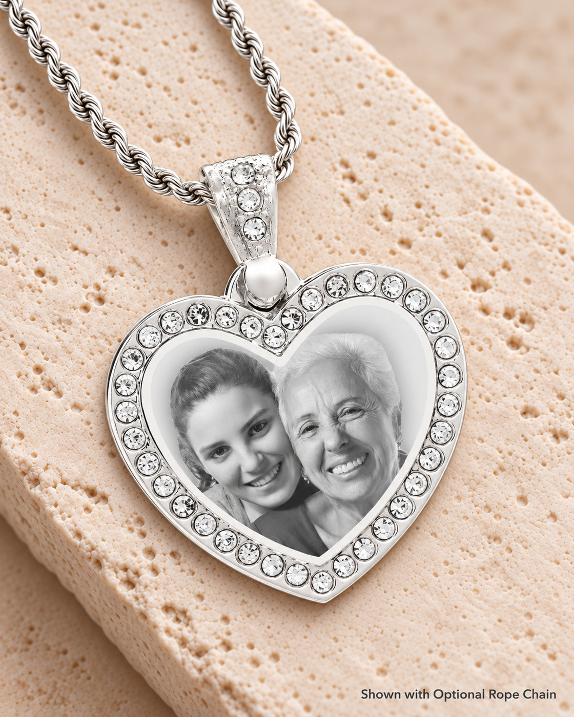 Photo Engraved Gem Heart Pendant Stainless Steel