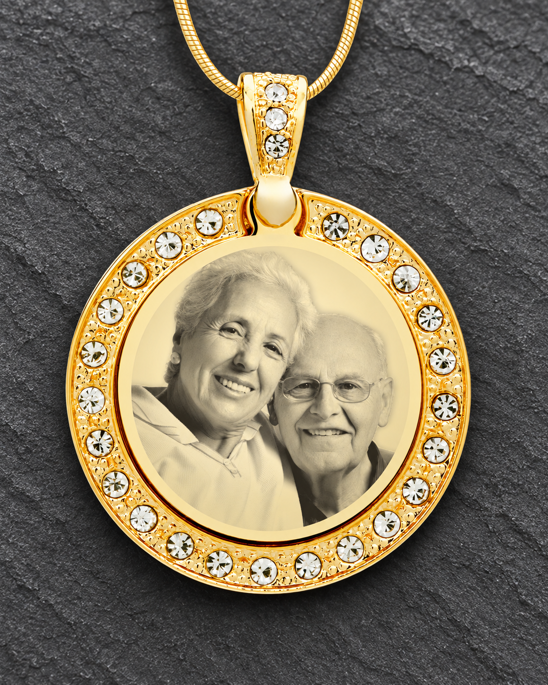 Gold Plated Photo Engraved Pendant Gem Circle over Stainless Keepsake