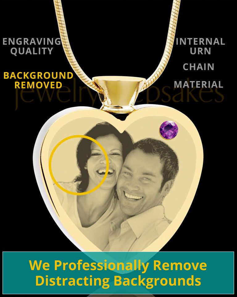 February Gold Plated Photo Engraved Heart Cremation Pendant