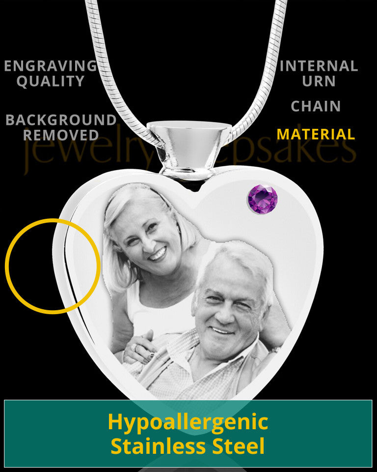 February Stainless Steel Photo Engraved Heart Cremation Pendant