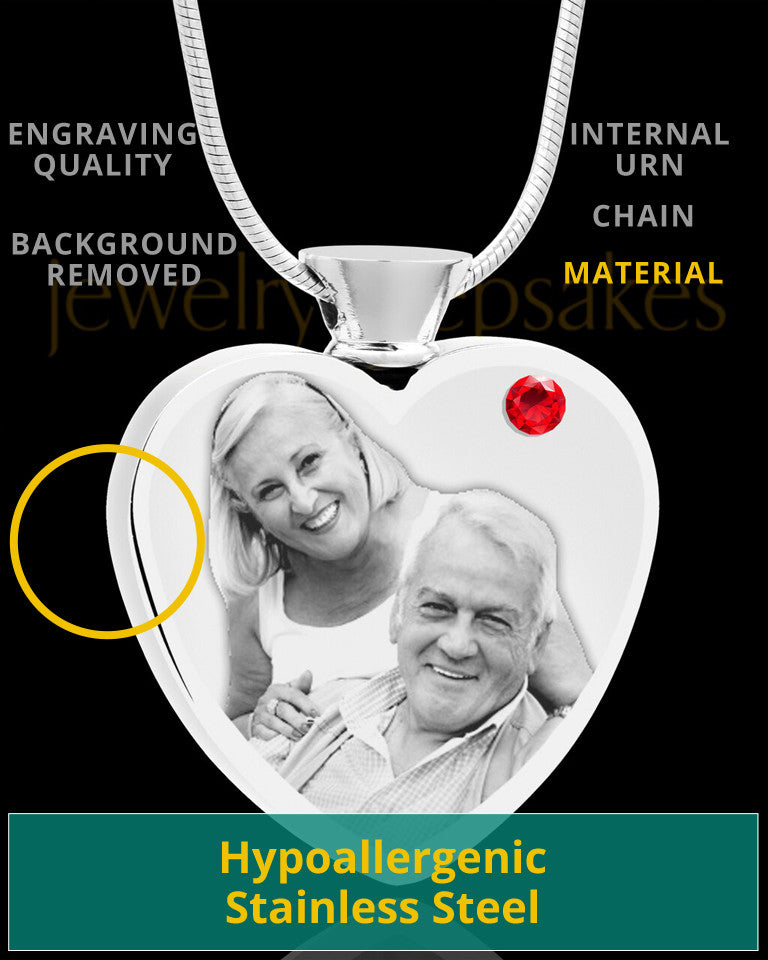July Stainless Steel Photo Engraved Heart Cremation Pendant