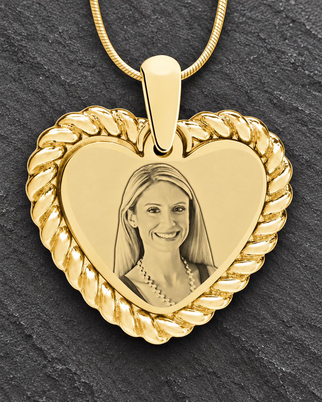 Gold Framed Heart Photo Engraved Pendant