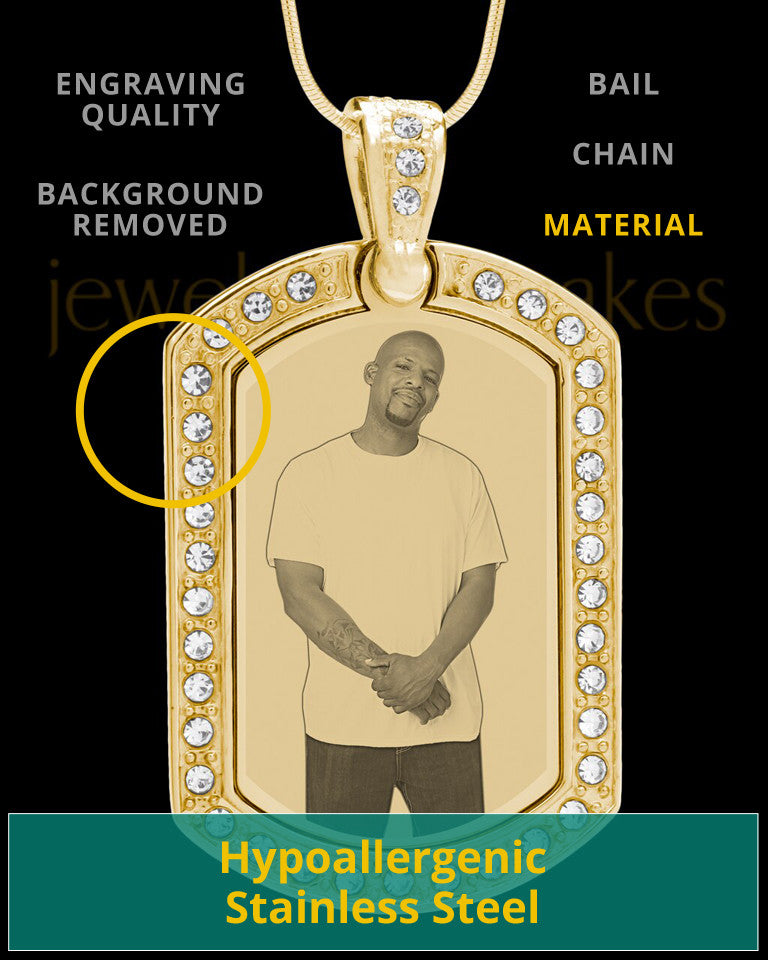 Gold Gem Rectangle Photo Engraved Pendant