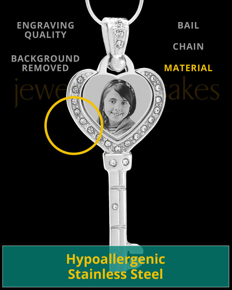 Silver Key To My Heart Photo Engraved Pendant
