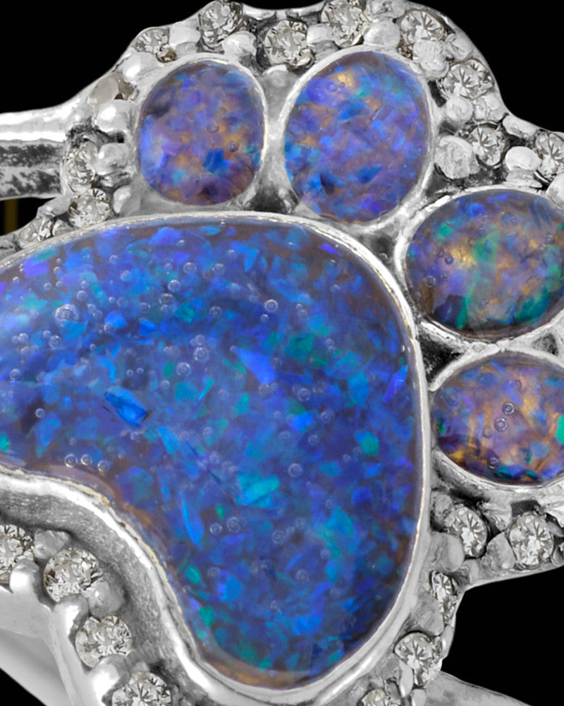 Ladies My Best Friend Paw Print Ocean Tide Opal Silver Ash Ring