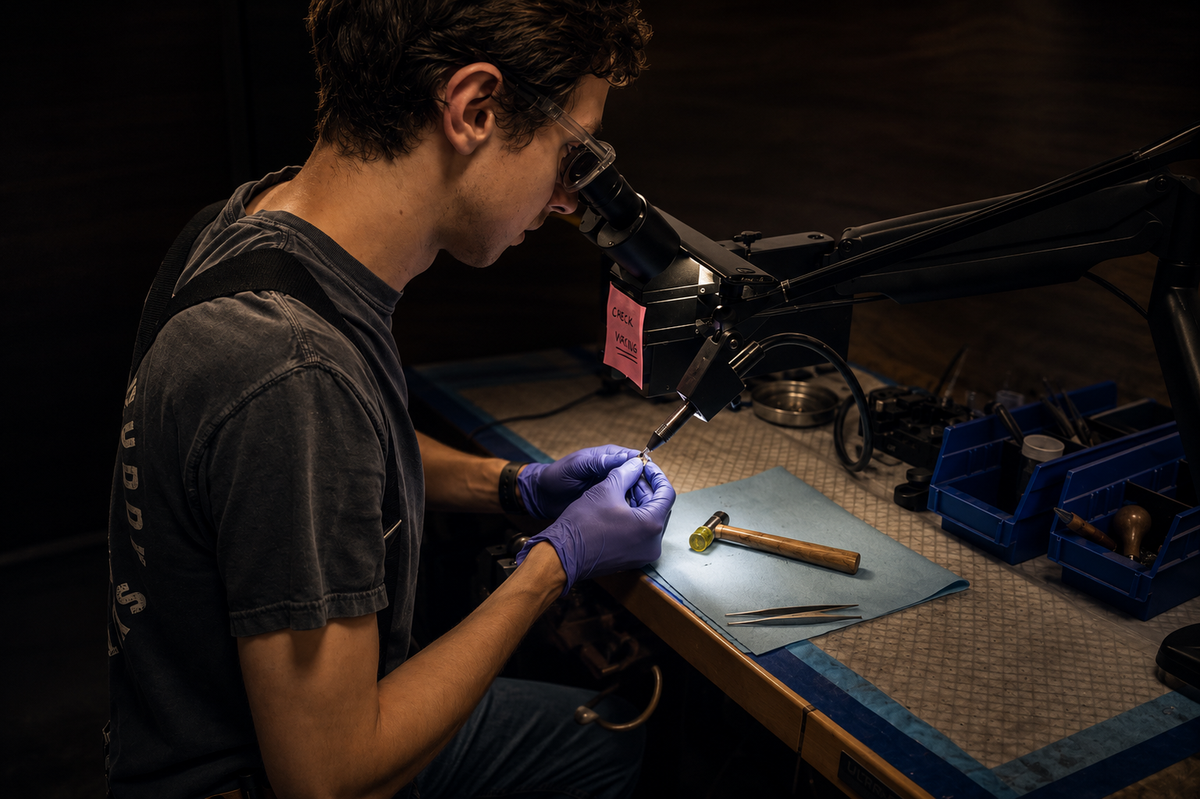 Jeweler completing permanently sealed cremation jewelry