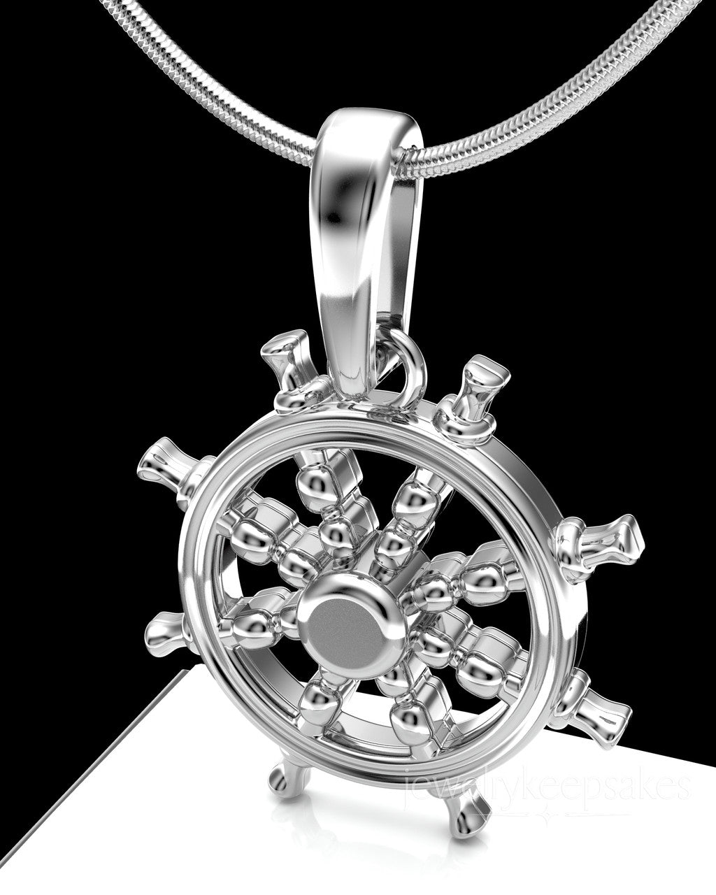 Solid 14K White Gold Ships Wheel Permanently Sealed Waterproof Cremation Pendant