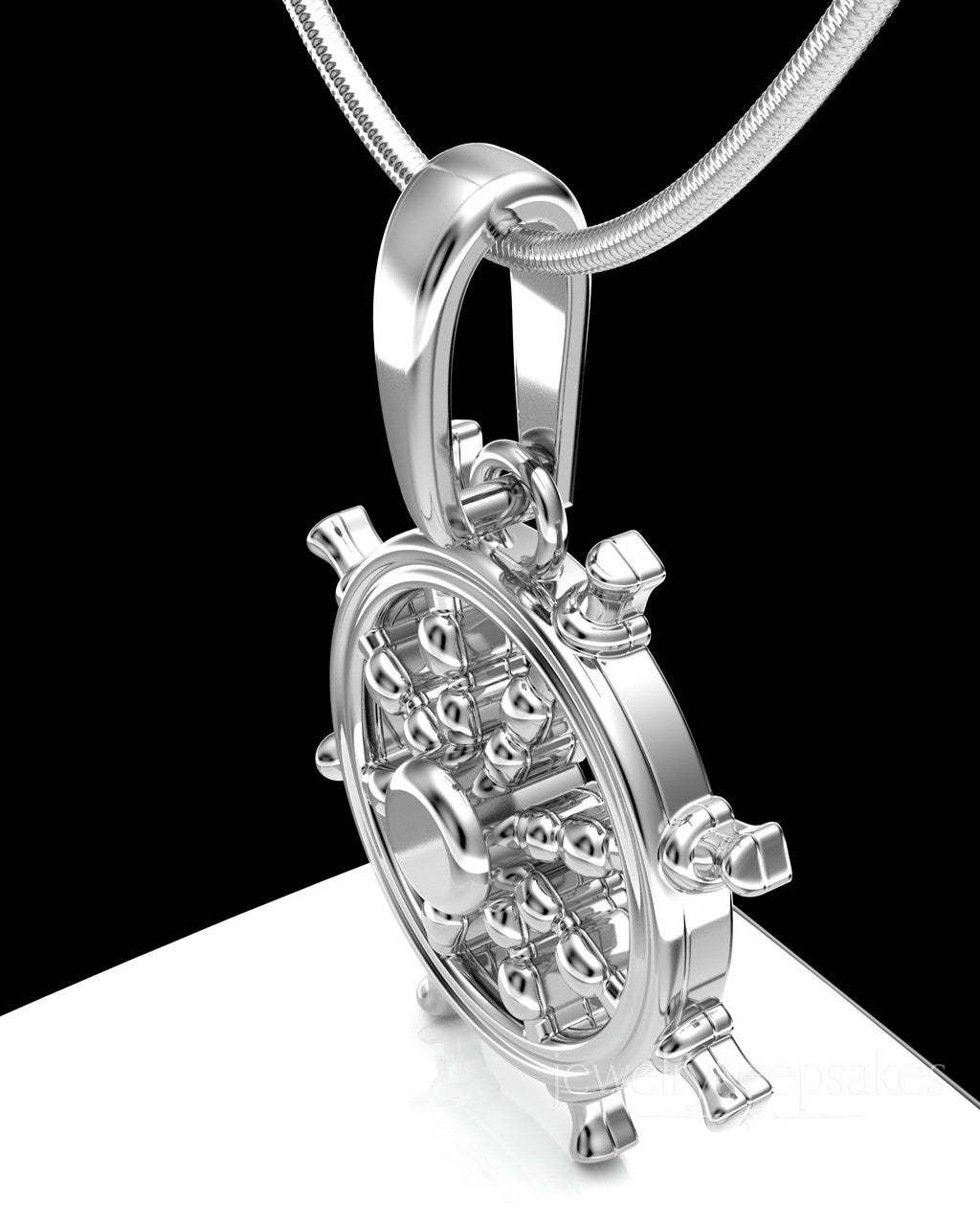 Solid 14K White Gold Ships Wheel Permanently Sealed Waterproof Cremation Pendant
