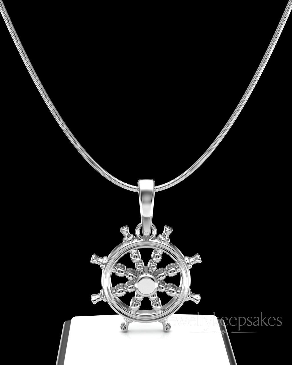 Solid 14K White Gold Ships Wheel Permanently Sealed Waterproof Cremation Pendant