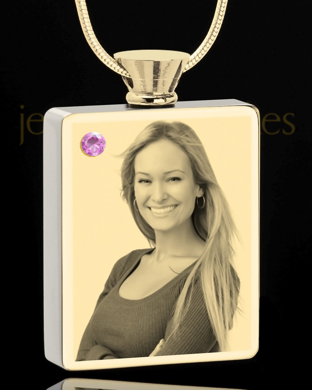 Photo Engraved June Gold Plated Rectangle Cremation Pendant