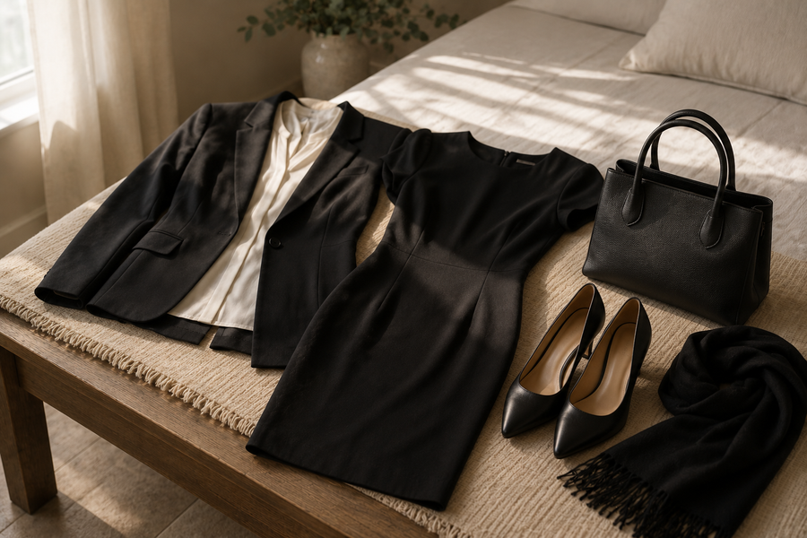 Conservative funeral clothing arranged neatly on a bed in natural light.