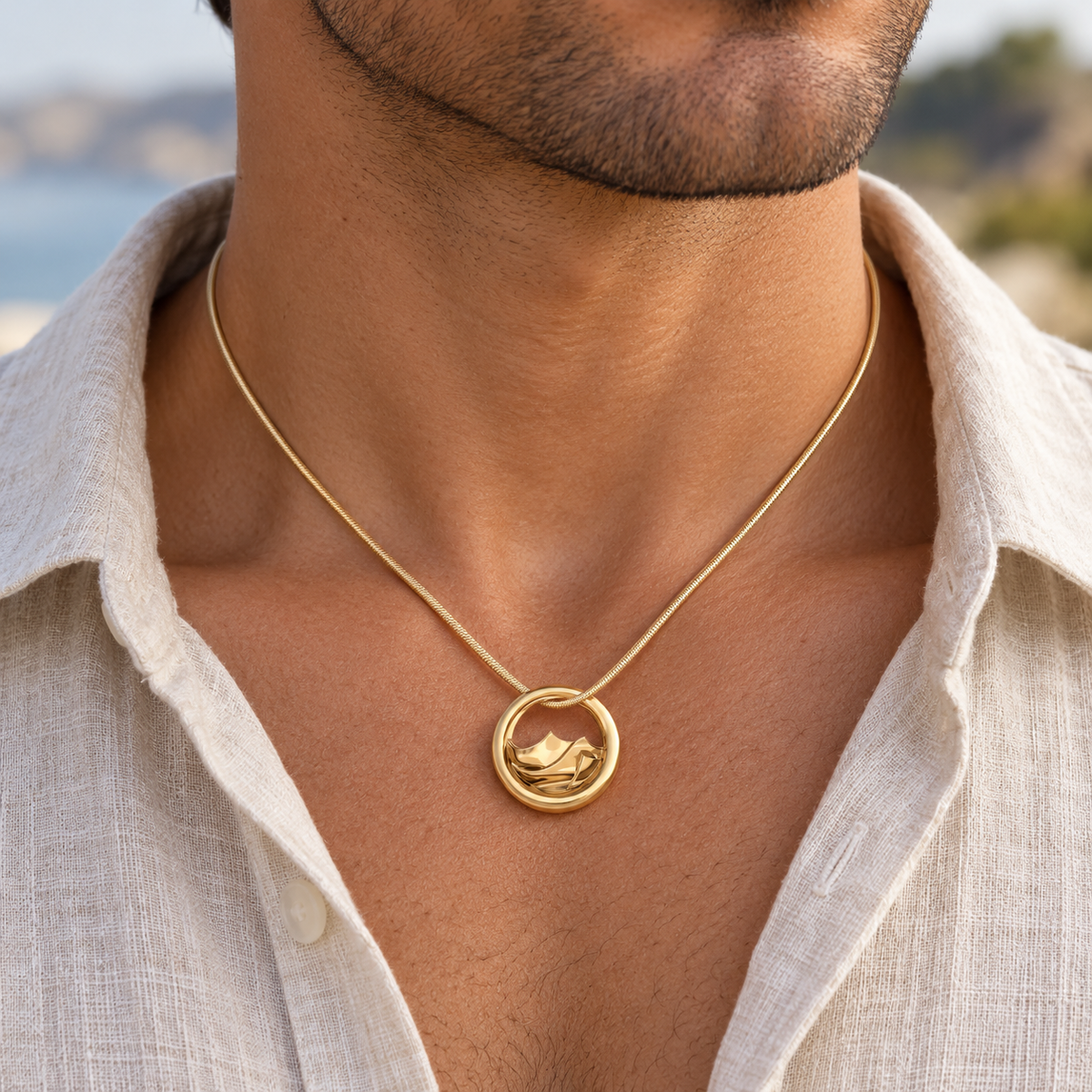 Solid 14K Gold Mountains of Memories Permanently Sealed Waterproof Jewelry worn on an adult model