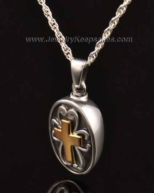 Cremains Locket Cross with Oval in 14k White Gold