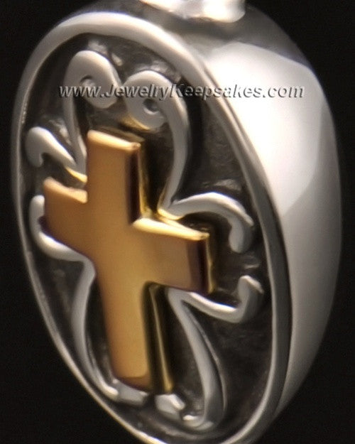 Cremains Locket Cross with Oval in 14k White Gold