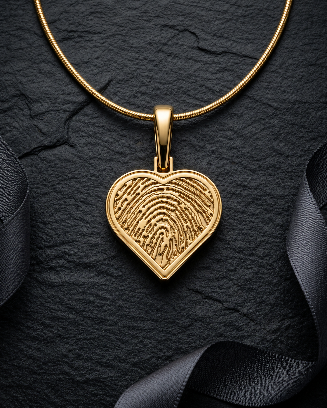 Gold plated heart fingerprint pendant — on charcoal slate