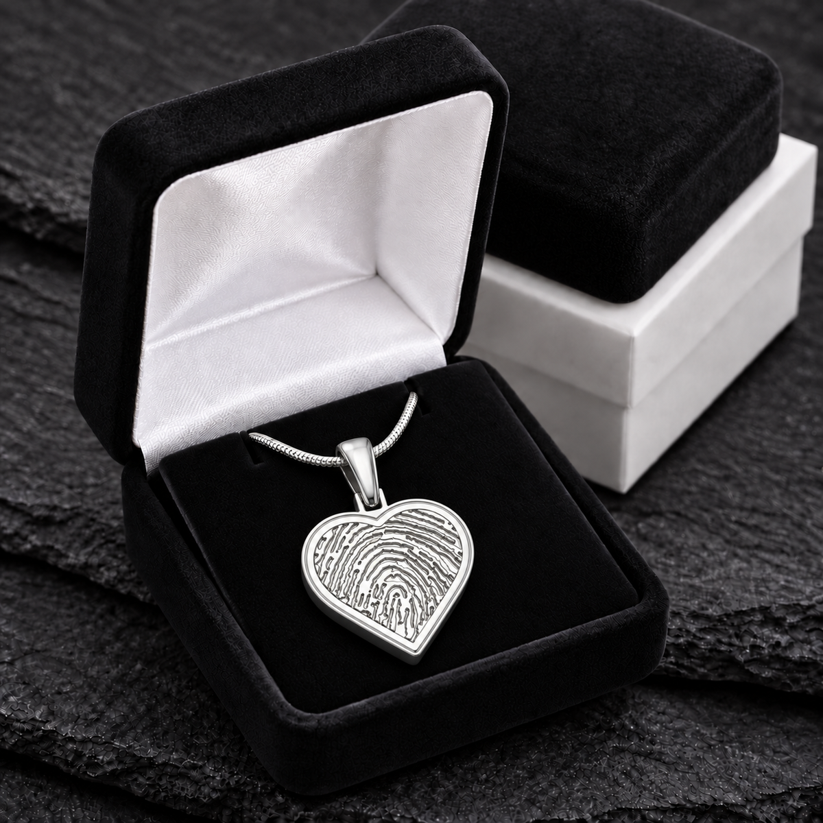 Sterling silver heart fingerprint pendant — gift box presentation