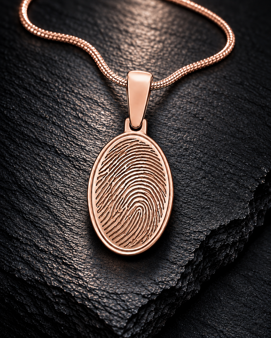 Rose-gold-plated oval fingerprint necklace on dramatic charcoal slate