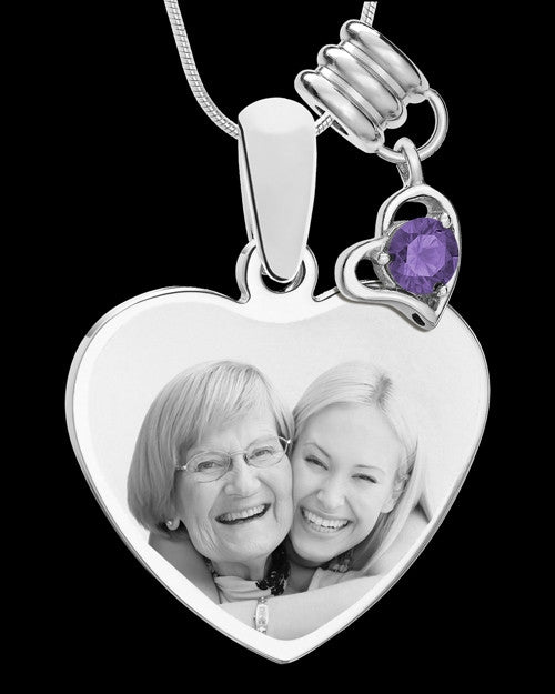 February Stainless Steel Memories Heart-Shaped Photo Engraved Pendant