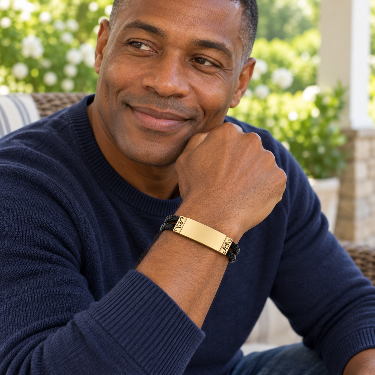 Gold plated cremation bracelet worn on a man's wrist