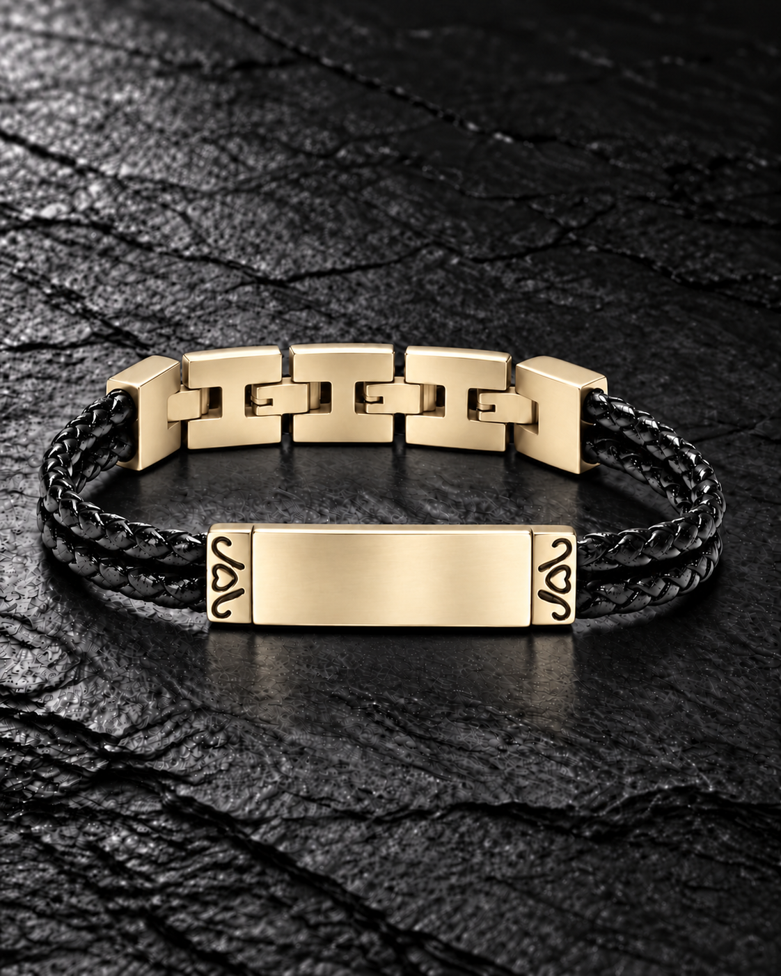 Level gold plated cremation bracelet with double black braided leather on dark slate
