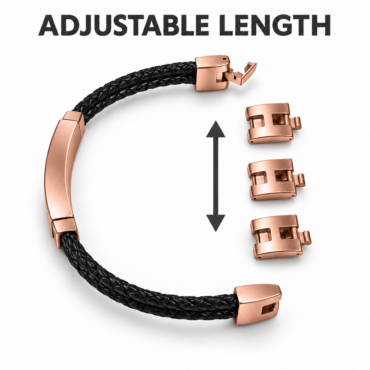 Rose gold plated bracelet with three removable links for adjustable length