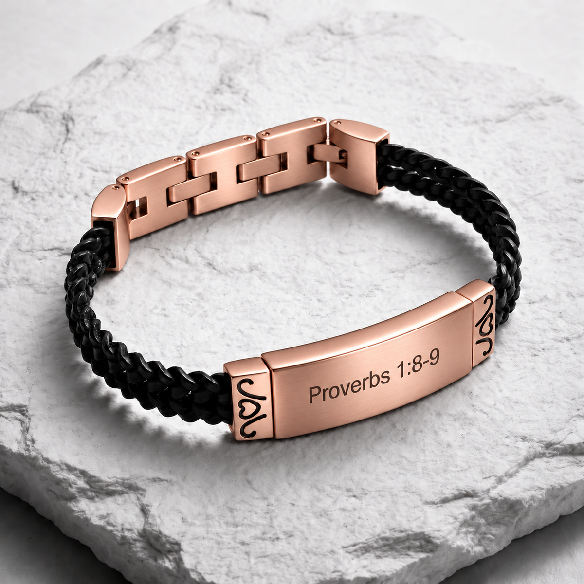 Rose gold plated bracelet with Proverbs 1:8-9 engraving on pale stone