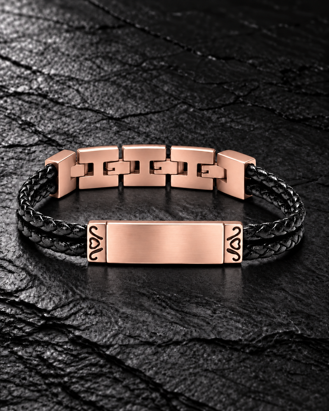 Level rose gold plated cremation bracelet with double black braided leather on dark slate