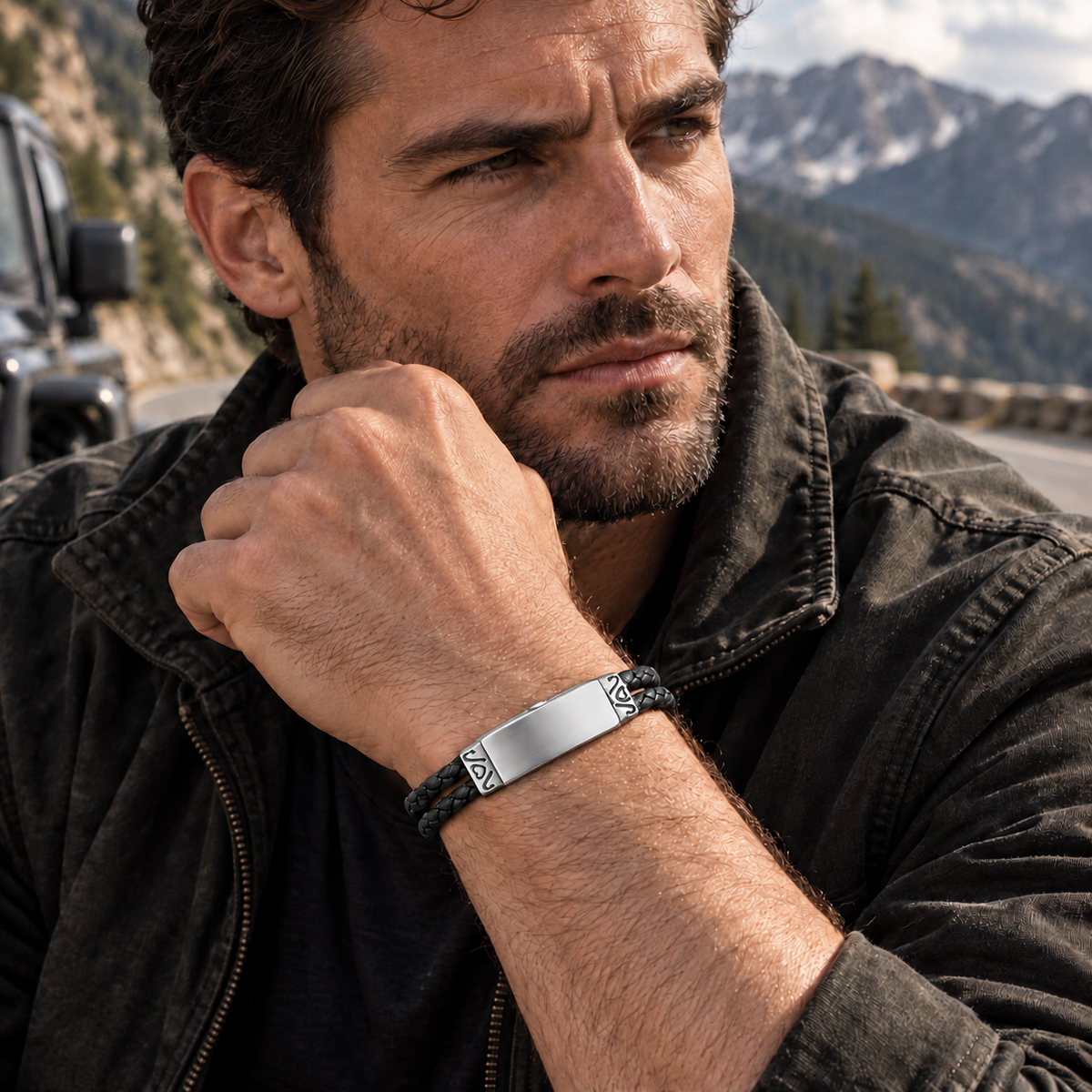 Polished silver and black leather cremation bracelet worn on a man's wrist